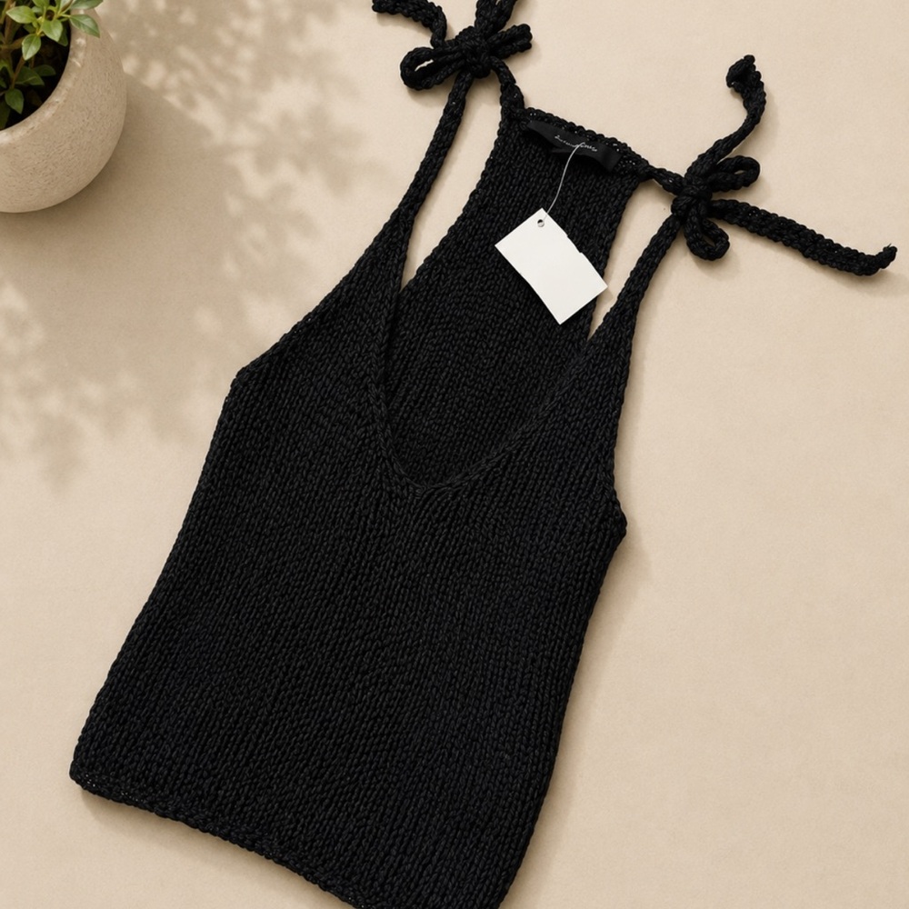 Black Crochet Knit Tie Strap Tank Top NWT Boho Summer Top
